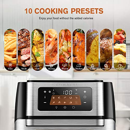 CROWNFUL Air Fryer, 10.6 Quart Large Convection Toaster Oven with Digital LCD Touch Screen, 10 in 1 Oilless Cooker with Rotisserie & Dehydrator, Accessories and Online Cookbook Included