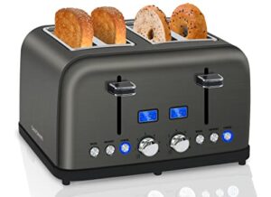 seedeem toaster 4 slice, bread toaster with lcd display, 6 shade settings stainless toaster, 1.5” wide slots, digital toaster for bagel, defrost, reheat, dual control, removable crumb tray, 1500w, dark metallic