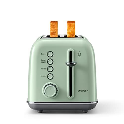 BUYDEEM DT620 2-Slice Toaster, Extra Wide Slots, Retro Stainless Steel with High Lift Lever, Bagel and Muffin Function, Removal Crumb Tray, 7-Shade Settings (Cozy Greenish)