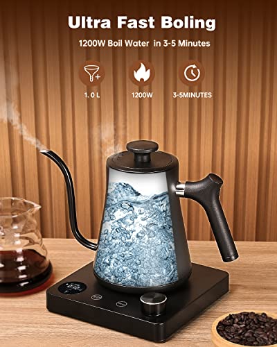 Ulalov Gooseneck Electric Kettle 1.0L with Temperature Control,Ultra Fast Boiling Hot Water Kettle for Pour-Over Coffee/Tea,100% Stainless Steel, 5 Variable Presets, 12H Keep Warm,Leak-Proof, 1200W