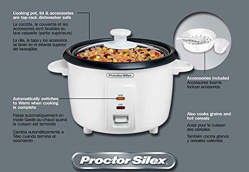 Proctor Silex Rice Cooker & Food Steamer, 8 Cups Cooked (4 Cups Uncooked), White (37534NR)