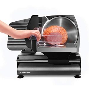 chefman die-cast electric meat & deli slicer, a powerful machine with adjustable slice thickness, stainless steel blades & safe non-slip feet to easily cut ham, cheese, bread, fruit & veggies at home