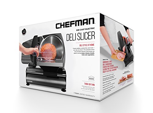 Chefman Die-Cast Electric Meat & Deli Slicer, A Powerful Machine with Adjustable Slice Thickness, Stainless Steel Blades & Safe Non-Slip Feet To Easily Cut Ham, Cheese, Bread, Fruit & Veggies At Home