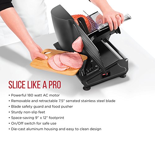 Chefman Die-Cast Electric Meat & Deli Slicer, A Powerful Machine with Adjustable Slice Thickness, Stainless Steel Blades & Safe Non-Slip Feet To Easily Cut Ham, Cheese, Bread, Fruit & Veggies At Home