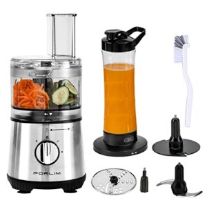 forlim 3.5 cup small food processor,12-in-1 mini blender and food processor combo for kitchen,350w,20oz bottle,2 speeds+pulse with 4 blades, for shakes, smoothies, meat, sauces, stainless steel silve