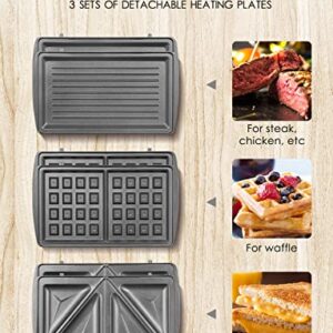 Sandwich Maker 3 in 1, Waffle Make with Removable Plate, Electric Panini Press Grill, Sandwich Toaster with Detachable Non-stick Coating, LED Indicator Lights, Cool Touch Handle, Black
