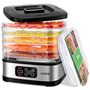 gdor food dehydrator includes mesh screen, fruits roll sheet, recipes, 5 trays dehydrator machine with temp control & 72h timer & led display, for jerky, fruit, veggie, herb, dog treat, bpa-free