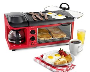 nostalgia retro 3-in-1 family size electric breakfast station, non stick die cast grill/griddle, 4 slice toaster oven, coffee maker, red