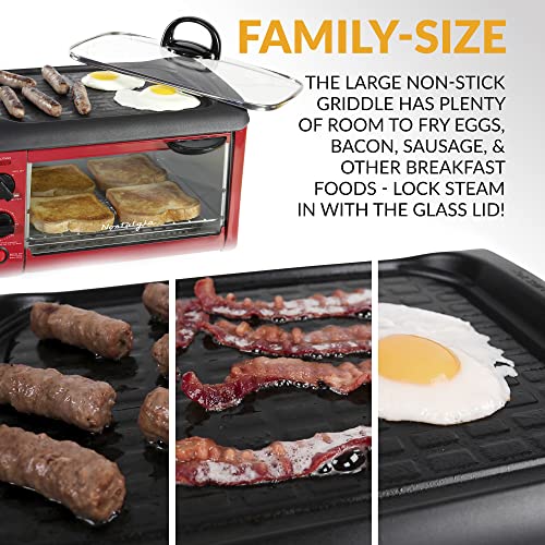 Nostalgia Retro 3-in-1 Family Size Electric Breakfast Station, Non Stick Die Cast Grill/Griddle, 4 Slice Toaster Oven, Coffee Maker, Red