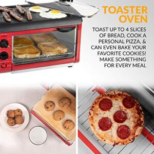 Nostalgia Retro 3-in-1 Family Size Electric Breakfast Station, Non Stick Die Cast Grill/Griddle, 4 Slice Toaster Oven, Coffee Maker, Red