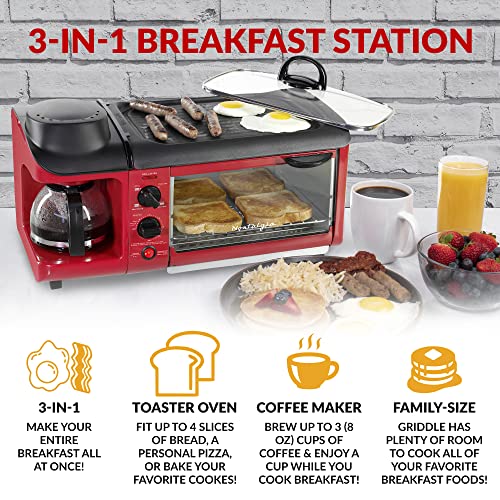 Nostalgia Retro 3-in-1 Family Size Electric Breakfast Station, Non Stick Die Cast Grill/Griddle, 4 Slice Toaster Oven, Coffee Maker, Red