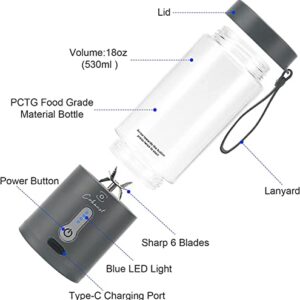 Powerful Portable Blender for Shakes and Smoothies, COKUNST 18 Oz Personal Size Blender with Rechargeable Type-C and 6 Blades, Fruit Veggie Juicer Mini Portable Blender Cup for Travel Sports Kitchen