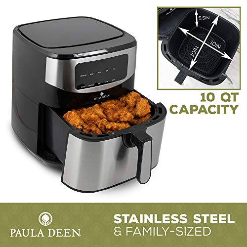 Paula Deen Stainless Steel 10 QT Digital Air Fryer (1700 Watts), LED Display, 10 Preset Cooking Functions, Ceramic Non-Stick Coating, Auto Shut-Off, 50 Recipes (Stainless Steel)