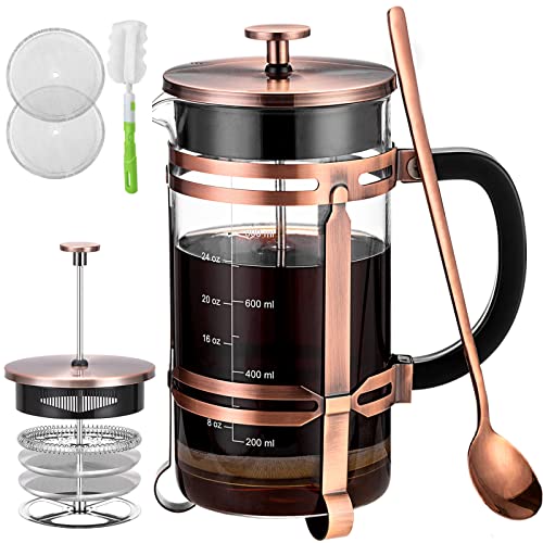 French Press Coffee Maker (34 oz) with 4 Filters - 304 Durable Stainless Steel, Heat Resistant Borosilicate Glass Coffee Press, BPA （include 1 cleaning brush,1 spoon and 2 spare filter screen）