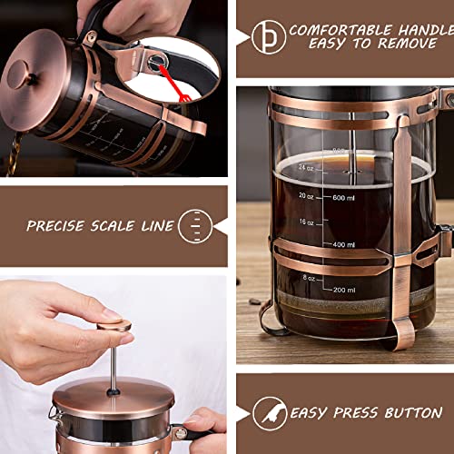 French Press Coffee Maker (34 oz) with 4 Filters - 304 Durable Stainless Steel, Heat Resistant Borosilicate Glass Coffee Press, BPA （include 1 cleaning brush,1 spoon and 2 spare filter screen）