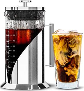 cafe du chateau start brewing perfect iced coffee & tea w/our cold brew coffee maker, pitcher for fridge (34oz) – air tight seal, measuring label – stainless steel iced coffee maker machine, brewer