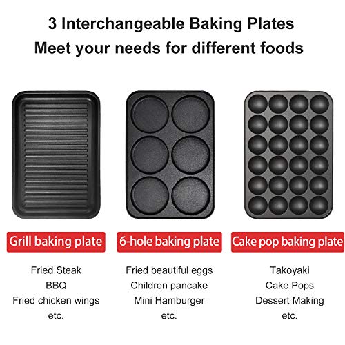 Health and Home Multifunction Nonstick Baking Maker with 3 Interchangeable Baking Plates for Grill,Pan Cake and Cake Pops,Takoyaki Maker.RED