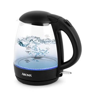 aroma® 1.2l / 5-cup glass electric kettle with cordless pouring, trigger-release lid, automatic shut-off, black (awk-151b)