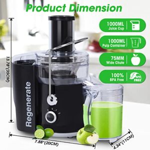 600W 3 Speeds Juicer Machines Vegetable and Fruit, Regenerate Centrifugal Juice Extractor with Big Mouth 3” Feed Chute, Easy to Clean, BPA-Free Compact Centrifugal Juice Maker, Black