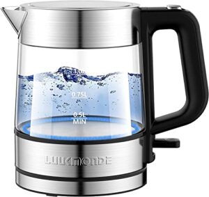 luukmonde 1500w electric kettle, 1 l glass tea kettle light weight, cordless water boiler with led indicator, auto-shutoff & boil-dry protection, bpa free