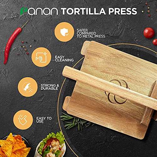 panan Wooden Tortilla Press Mexican Tortillera Presser Made from Natural Food-Grade Acacia Wood - Large Wood Pataconera with 50 Pieces Parchment Paper, Dough Cutter and Recipes eBook (Square 10")