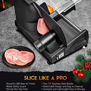 MIDONE Meat Slicer 200W Electric Deli Food Slicer with Two Removable 7.5’’ Stainless Steel Blade, Adjustable Thickness for Home Use, Child Lock Protection, Black