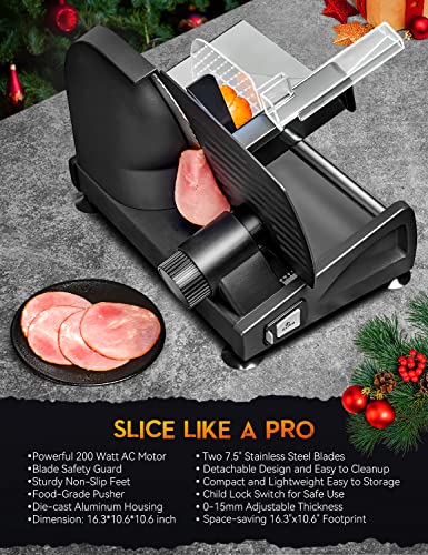 MIDONE Meat Slicer 200W Electric Deli Food Slicer with Two Removable 7.5’’ Stainless Steel Blade, Adjustable Thickness for Home Use, Child Lock Protection, Black