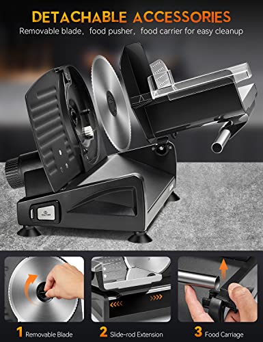 MIDONE Meat Slicer 200W Electric Deli Food Slicer with Two Removable 7.5’’ Stainless Steel Blade, Adjustable Thickness for Home Use, Child Lock Protection, Black