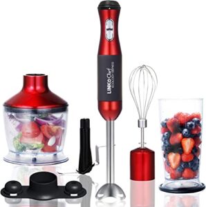 immersion blender linkchef hand blender 5 in 1 powerful 20 speed emulsion blender with 800ml beaker, egg whisk,500ml food grinder, ice crush blade,for puree infant food, smoothies, sauces and soups