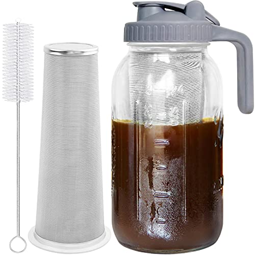 Cold Brew Coffee Maker Jar - 64oz Thick Glass Multipurpose Mason Pitcher Spout Lid with Handle & Stainless Steel Filter for Iced Brew Coffee, Lemonade, Ice Tea, Homemade Fruit Drinks Container