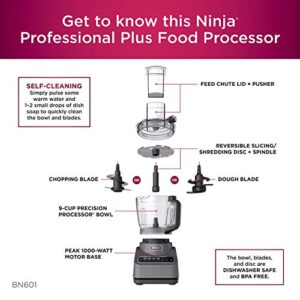 Ninja BN601 Professional Plus Food Processor 1000-Peak-Watts with Auto-iQ Preset Programs Chop Puree Dough Slice Shred with a 9-Cup Capacity and a Silver Stainless Finish (Renewed)