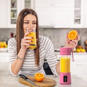 Portable Blender, Personal Mini Bottle Travel Electric Smoothie Blender Maker Fruit Juicer Cup, with 13oz Bottles, 6 Blades and USB Rechargeable Batteries for juice shakes and smoothies (Pink)