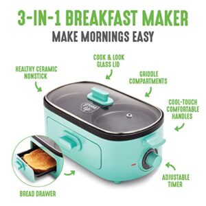 GreenLife 3-in-1 Breakfast Maker Station, Healthy Ceramic Nonstick Dual Griddles for Eggs Meat and Pancakes, 2 Slice Toast Drawer, Easy-to-use Timer, Turquoise