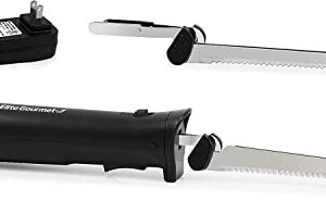 Elite Gourmet EK9810 Professional Cordless Rechargeable Easy-Slice Electric Knife with 4 Serrated Blades and Safety Lock Trigger Release, Carving Meats, Poultry, Bread, Black, Stainless Steel