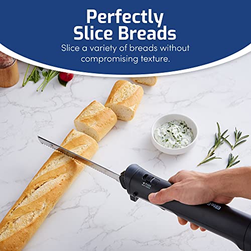 Elite Gourmet EK9810 Professional Cordless Rechargeable Easy-Slice Electric Knife with 4 Serrated Blades and Safety Lock Trigger Release, Carving Meats, Poultry, Bread, Black, Stainless Steel