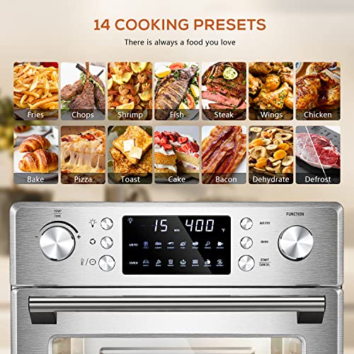 R.W.FLAME 26.4QT Air Fryer Oven, 2 in 1 Toaster Oven Air Fryer Combo, Stainless Steel Rotisserie Air Fryer with Rotisserie & Dehydrator, Countertop Toaster Ovens for Family