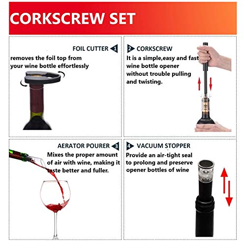 Air Pressure Pump Bottle Opener With Foil Cutter,Aerator Pourer,Vacuum Stopper(4PCS),Simple Cork Remover ,Efficient Corkscrew Bottle Opener,Great For Wine Lovers,Perfect Wine Gift.