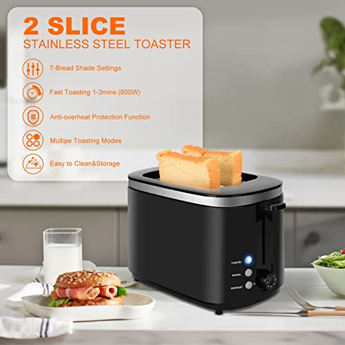 Toaster 2 Slice Best Rated Prime Stainless Steel 2 Slice Toasters Extra Wide Slot Toasters 7 Shade Settings Defrost/Begal/Cancel with Removable Crumb Tray for Bread, Waffles, Small Retro Evenly Quickly Toaster