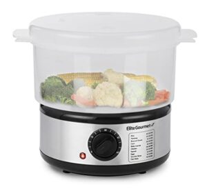elite gourmet est250 2.5 quart electric compact mini food vegetable steamer, 400w with bpa-free tray, auto shut-off 60-min timer, veggies, seafood, chicken, egg cooker and more