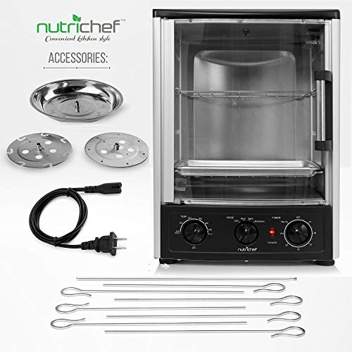 Nutrichef Upgraded Multi-Function Rotisserie Oven - Vertical Countertop Oven with Bake, Turkey Thanksgiving, Broil Roasting Kebab Rack with Adjustable Settings, 2 Shelves 1500 Watt - AZPKRT97