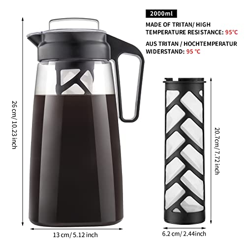 Sivaphe Large Cold Brewer Coffee Maker 2 Quart, Dishwasher Safty Manual Leak Proof Traitan Pitcher, 64 oz Iced Coffee Method Tea Brewer with Deluxe Reusable Mesh Filter