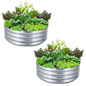 fortuno round galvanized raised garden bed box 3 ft (2 pack) metal outdoor flower bed steel patio ground planter for planting vegetables and herb, silver