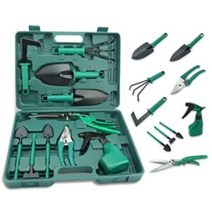 kennedich garden tools set，stainless steel garden planting tools kit with green carrying case, ideal gardening gift (10 pcs )