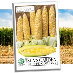 bi-color “bilicious” sweet corn seeds for planting, 50+ heirloom seeds per packet, (isla’s garden seeds), non gmo seeds, botanical name: zea mays, great home garden gift