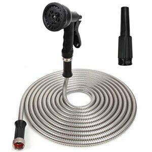 multioutools 304 stainless steel garden hose 50ft metal water hose with 2 free nozzles heavy duty flexible metal garden hose 8 functions spray nozzle lightweight durable kink free outdoor hose