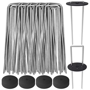 aagut 100 pack landscape staples with gasket washer caps, 6 inch vapor barrier stakes, metal garden stakes landscape fabric staples for gardening landscaping, sod fence yard lawn ground weed mat pins
