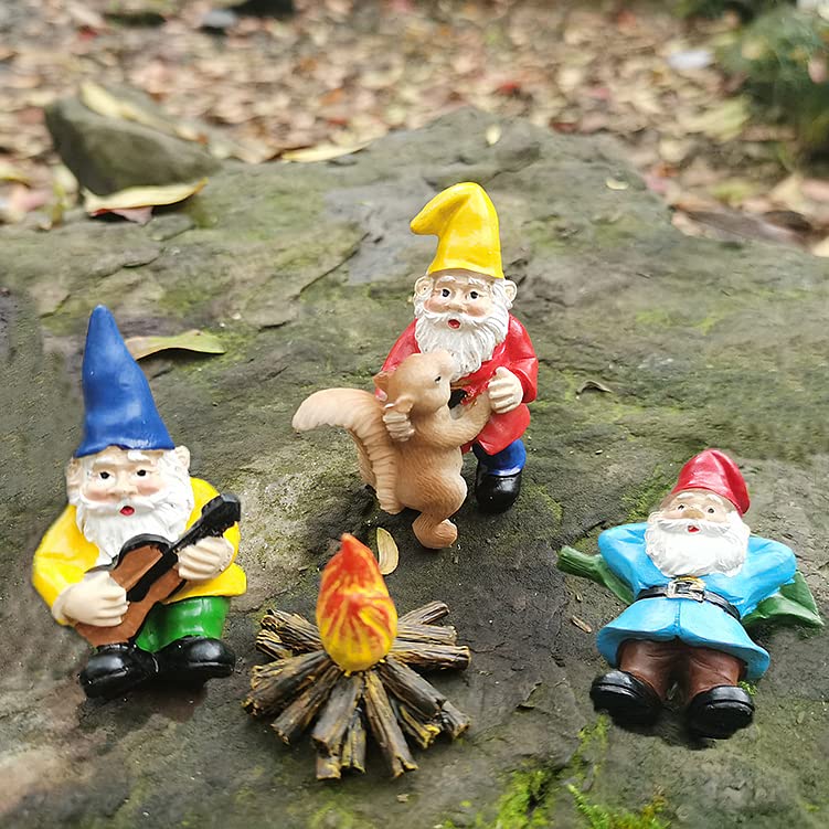 JIUMO Dance Miniature Garden Gnome Set of 4 Fairy Garden Gnomes Accessories Campfire Little Garden Gnomes Outdoor Small Garden Gnome Figurines Ornaments Gifts