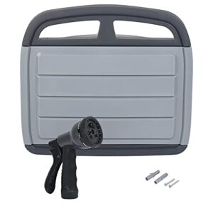 helpmate plastic garden water hose holder wall mount with 2 shelf cabinet for garden tools and supplies- matching grey 8-pattern garden hose spray gun included – holds up to 150 ft. garden hose
