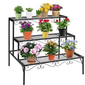 doeworks 3 tier stair style metal plant stand, garden shelf for large flower pot display rack indoor outdoor, black