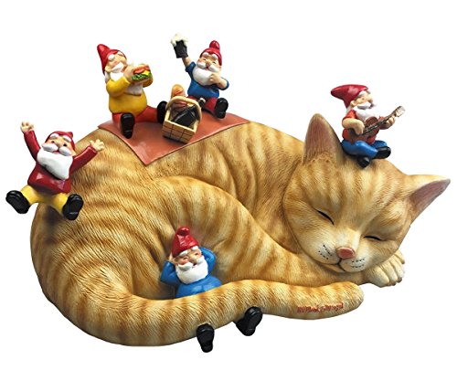 By Mark & Margot - Outdoor Garden Gnomes Picnic Sleeping Cat Statue - Beautiful Funny Novelty Gift (One Size, Blue)